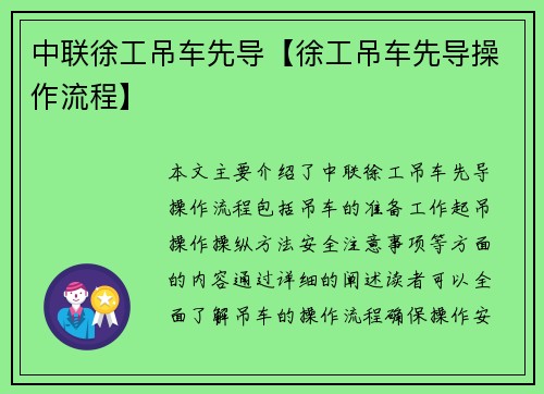 中联徐工吊车先导【徐工吊车先导操作流程】